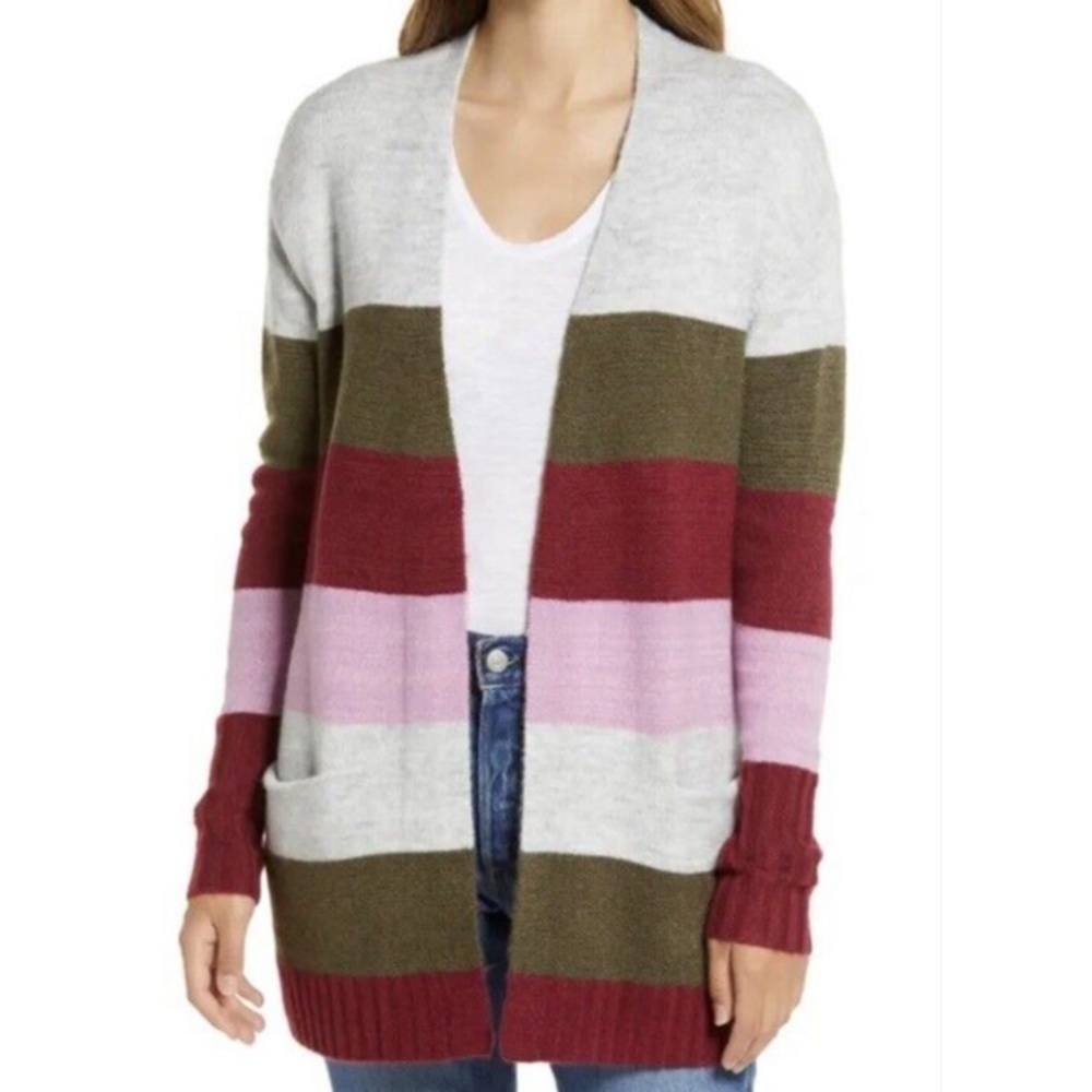 Striped Open-Front Cardigan Sweater in Olive, Burgundy & Pink
